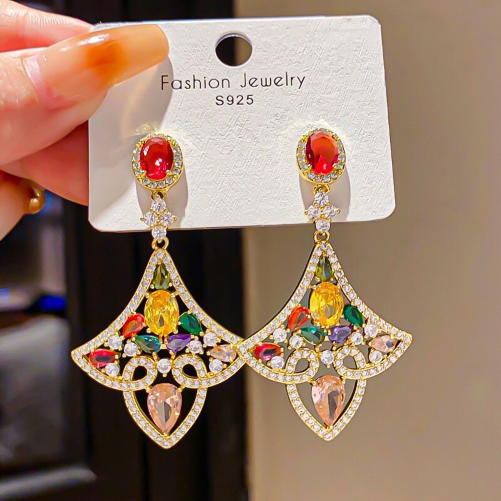 Fashion Jewelry Gold Multicolor Crystal Fan Drop Earrings with Red Accents